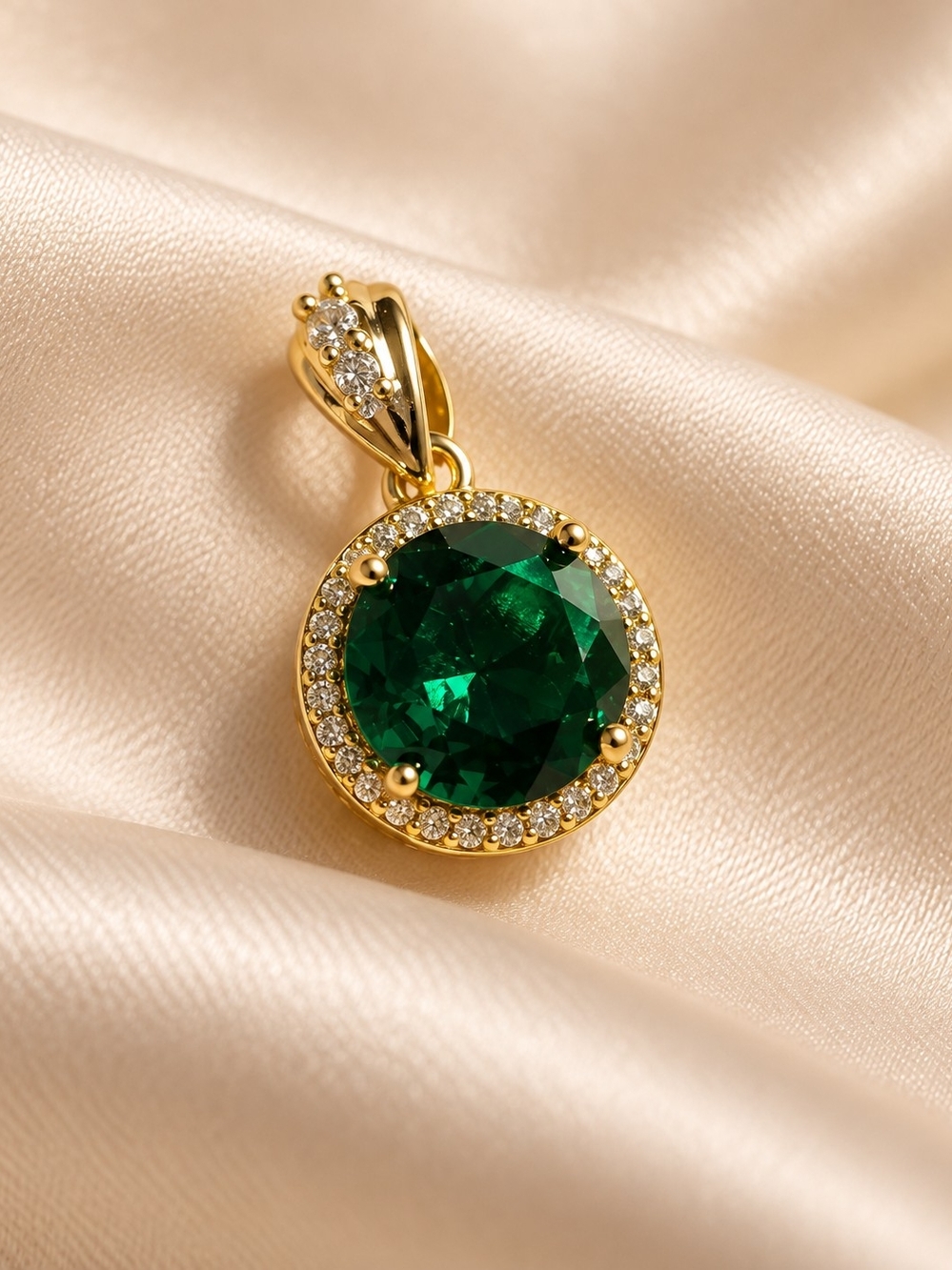 14k Laminated Gold Drop Pendant with Round Emerald Green Crystal